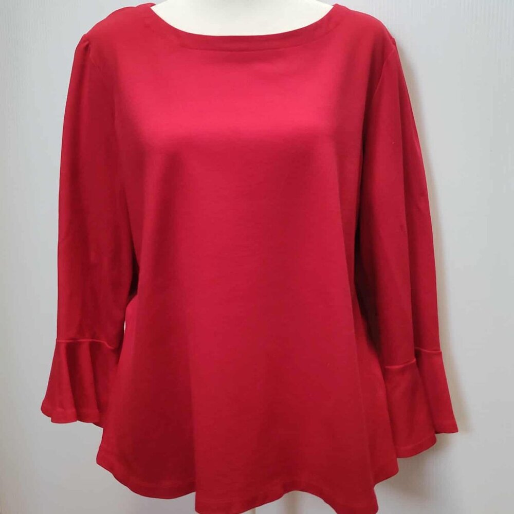 Land's End - 3/4 Flutter sleeve, round neck pullover top - Red, size M, 10-12
